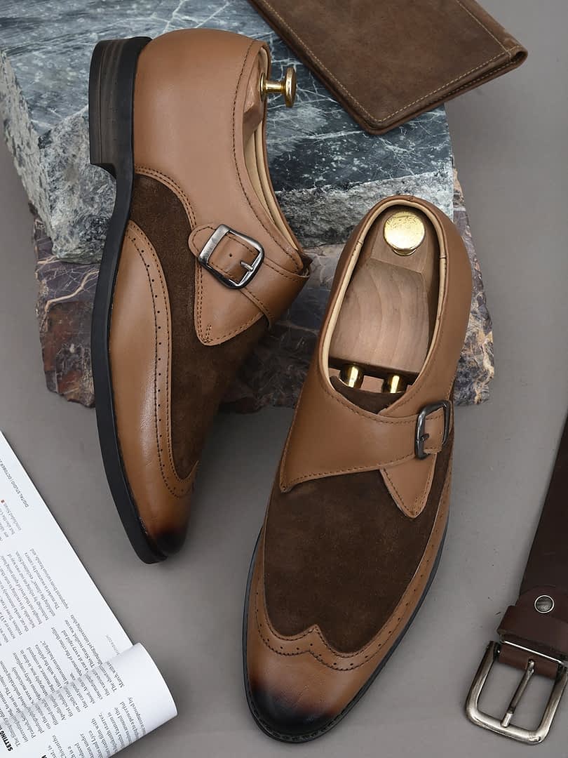 fashion victim Men Brown Self-Design Leather Formal Monk Shoes