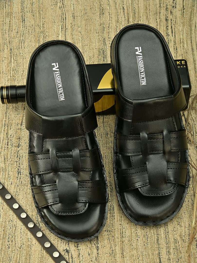 fashion victim Men Black Leather Sandals 2025 Shoes